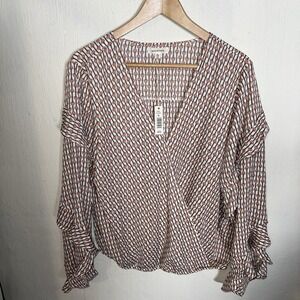 Max Studio Blouse NWT Boho Ruffle Long Sleeves Sz XL V-Neck MSRP $88